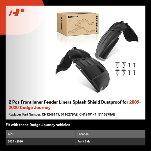 2 Pcs Front Inner Fender Liners Splash Shield Dustproof for 2009-2020 Dodge Journey