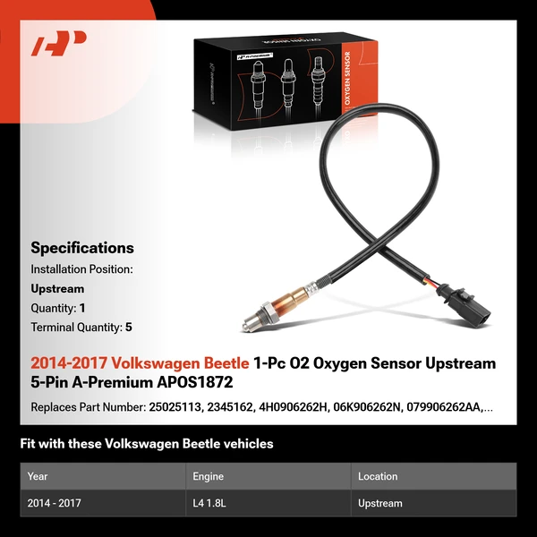 2014-2017 Volkswagen Beetle 1-Pc O2 Oxygen Sensor Upstream 5-Pin A-Premium APOS1872