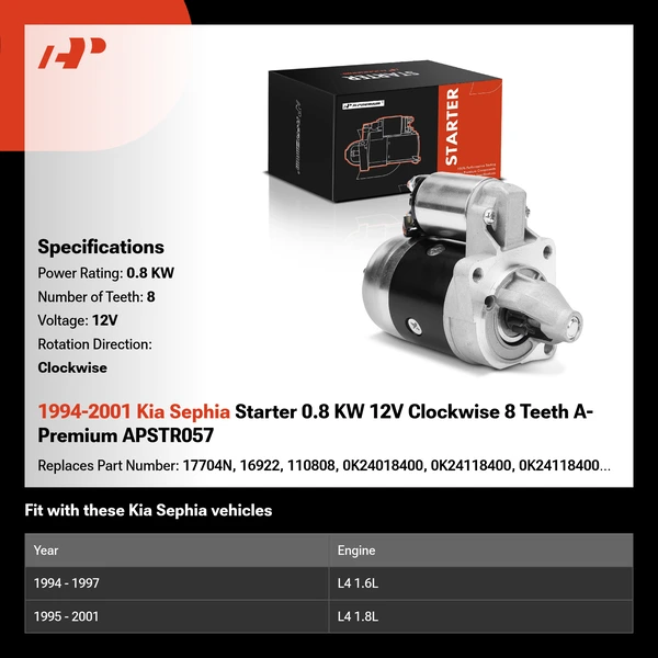 1994-2001 Kia Sephia Starter 0.8 KW 12V Clockwise 8 Teeth A-Premium APSTR057