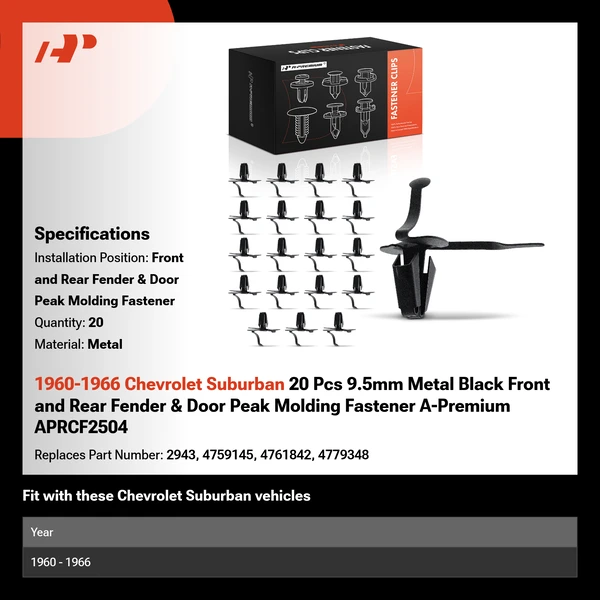 1960-1966 Chevrolet Suburban 20 Pcs 9.5mm Metal Black Front and Rear Fender & Door Peak Molding Fastener A-Premium APRCF2504