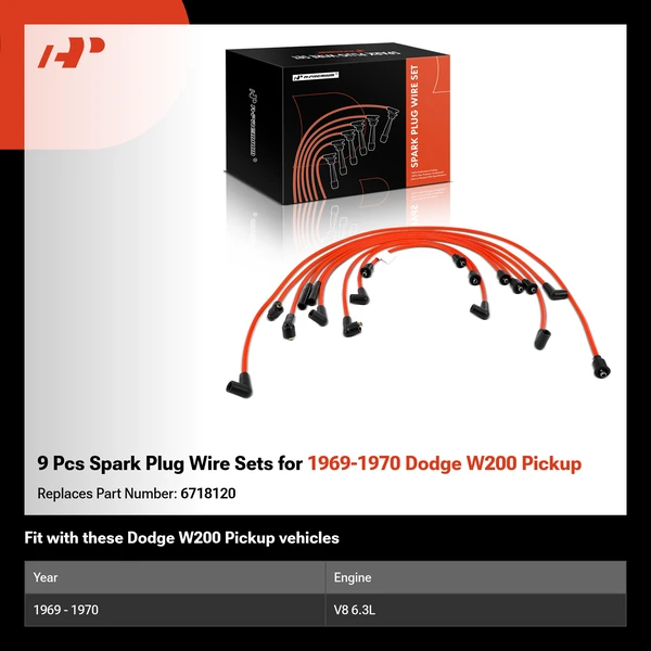 9 Pcs Spark Plug Wire Sets for 1969-1970 Dodge W200 Pickup