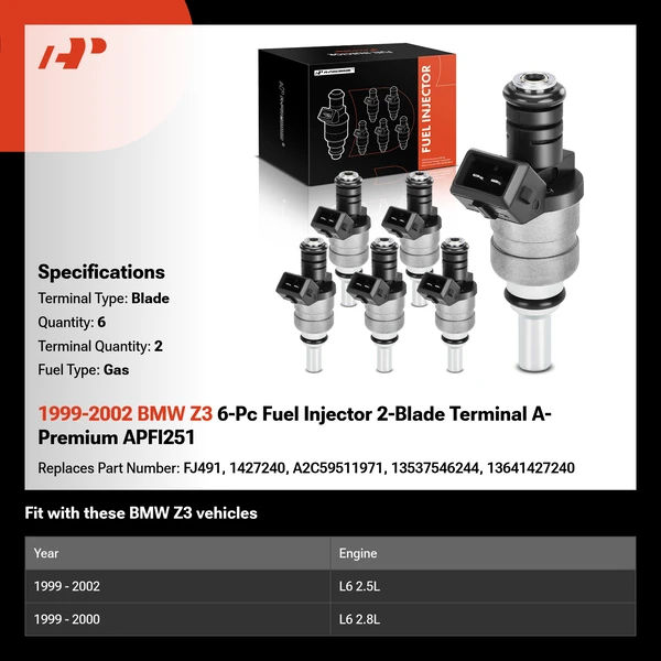 1999-2002 BMW Z3 6-Pc Fuel Injector 2-Blade Terminal A-Premium APFI251