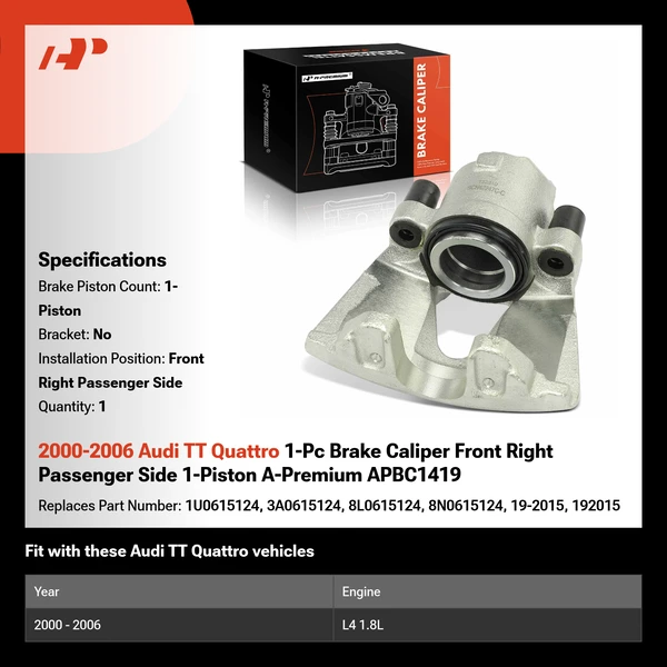 2000-2006 Audi TT Quattro 1-Pc Brake Caliper Front Right Passenger Side 1-Piston A-Premium APBC1419