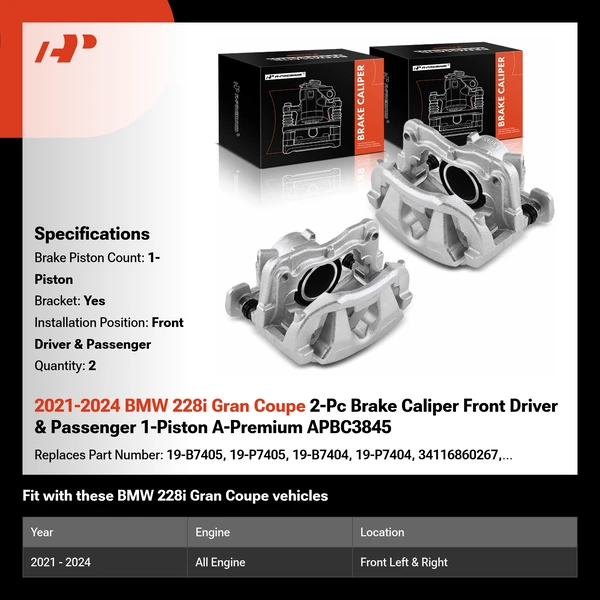 2021-2024 BMW 228i Gran Coupe 2-Pc Brake Caliper Front Driver & Passenger 1-Piston A-Premium APBC3845