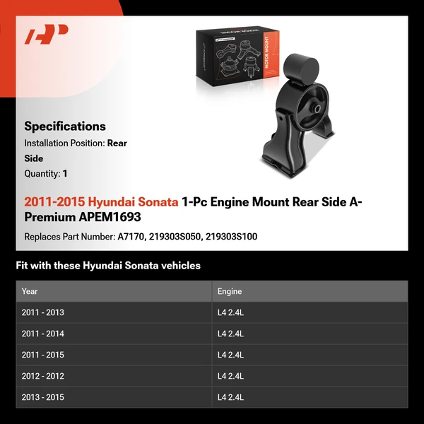 2011-2015 Hyundai Sonata 1-Pc Engine Mount Rear Side A-Premium APEM1693