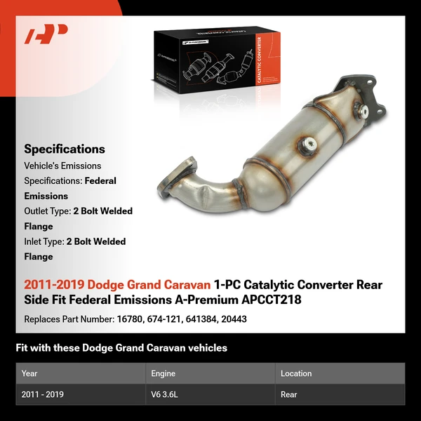 2011-2019 Dodge Grand Caravan 1-PC Catalytic Converter Rear Side Fit Federal Emissions A-Premium APCCT218