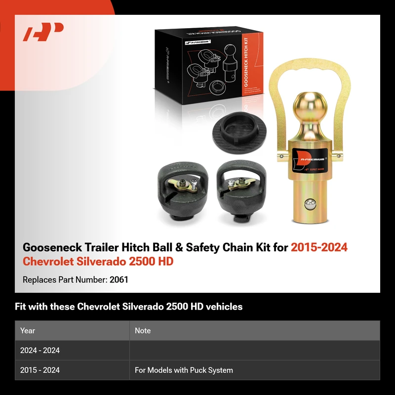 Gooseneck Trailer Hitch Ball & Safety Chain Kit for 2015-2024 Chevrolet Silverado 2500 HD