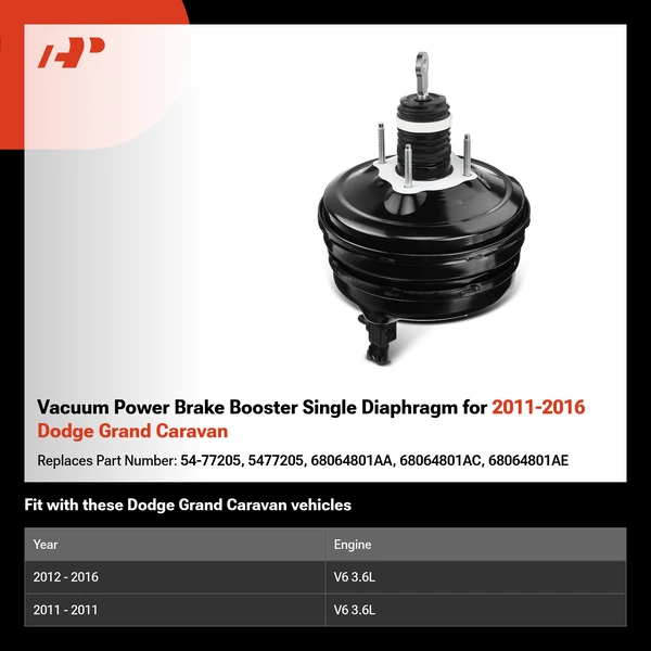Vacuum Power Brake Booster Single Diaphragm for 2011-2016 Dodge Grand Caravan