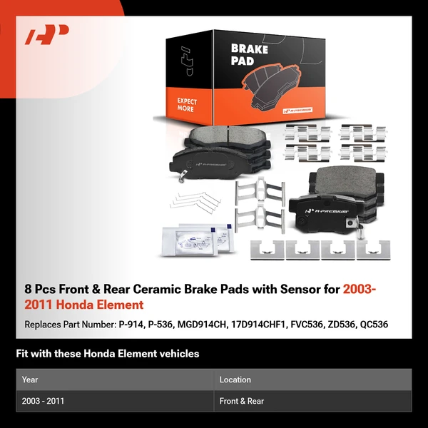 8 Pcs Front & Rear Ceramic Brake Pads with Sensor for 2003-2011 Honda Element