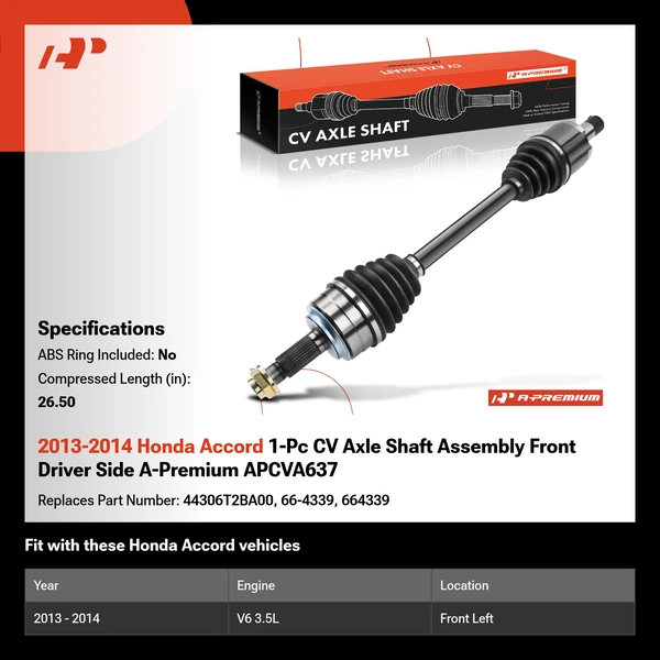 2013-2014 Honda Accord 1-Pc CV Axle Shaft Assembly Front Driver Side A-Premium APCVA637