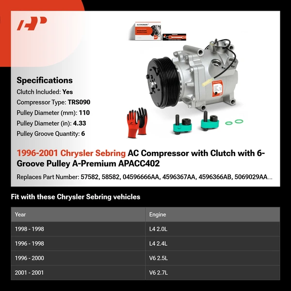 1996-2001 Chrysler Sebring AC Compressor with Clutch with 6-Groove Pulley A-Premium APACC402
