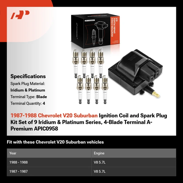 1987-1988 Chevrolet V20 Suburban Ignition Coil and Spark Plug Kit Set of 9 Iridium & Platinum Series, 4-Blade Terminal A-Premium APIC0958