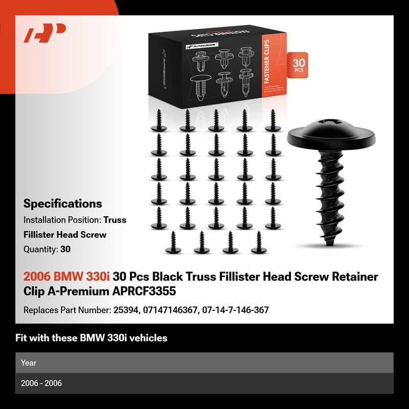 2006 BMW 330i 30 Pcs Black Truss Fillister Head Screw Retainer Clip A-Premium APRCF3355