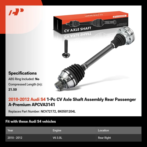 2010-2012 Audi S4 1-Pc CV Axle Shaft Assembly Rear Passenger A-Premium APCVA3141
