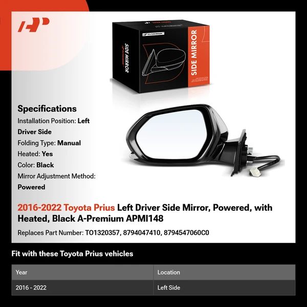 2016-2022 Toyota Prius Left Driver Side Mirror, Powered, with Heated, Black A-Premium APMI148