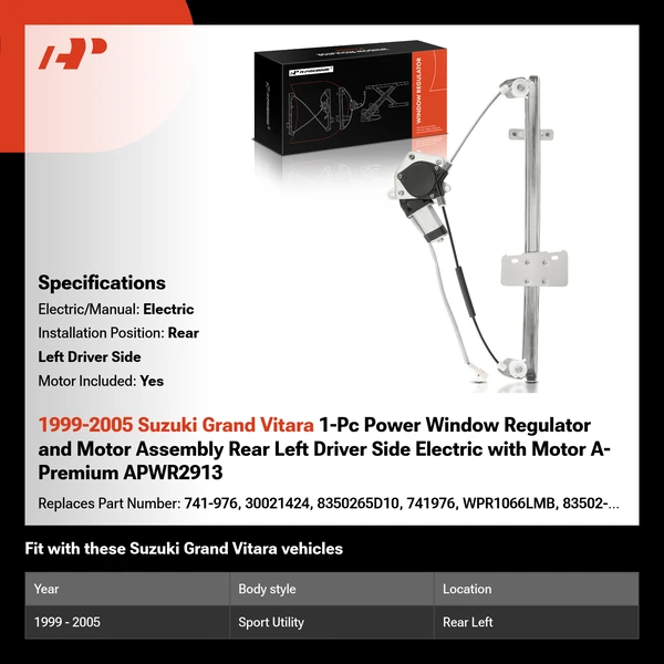 1999-2005 Suzuki Grand Vitara 1-Pc Power Window Regulator and Motor Assembly Rear Left Driver Side Electric with Motor A-Premium APWR2913