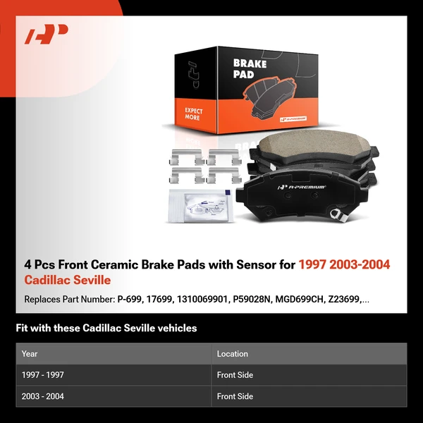 4 Pcs Front Ceramic Brake Pads with Sensor for 1997 2003-2004 Cadillac Seville