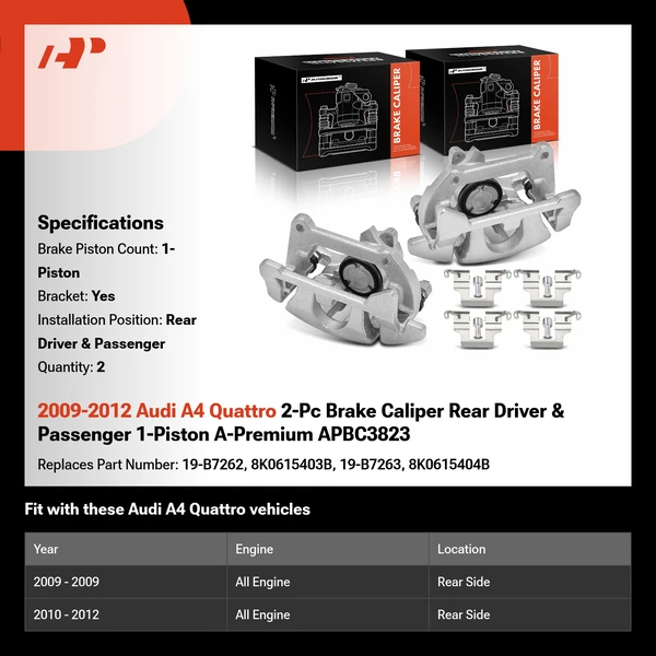 2009-2012 Audi A4 Quattro 2-Pc Brake Caliper Rear Driver & Passenger 1-Piston A-Premium APBC3823
