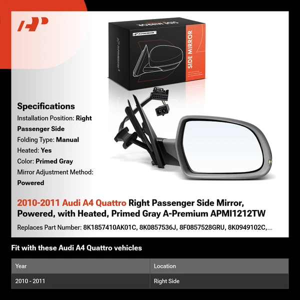 2010-2011 Audi A4 Quattro Right Passenger Side Mirror, Powered, with Heated, Primed Gray A-Premium APMI1212TW