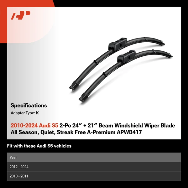 2010-2024 Audi S5 2-Pc 24″ + 21″ Beam Windshield Wiper Blade All Season, Quiet, Streak Free A-Premium APWB417