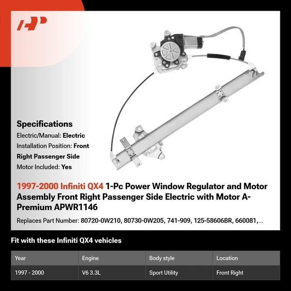 1997-2000 Infiniti QX4 1-Pc Power Window Regulator and Motor Assembly Front Right Passenger Side Electric with Motor A-Premium APWR1146