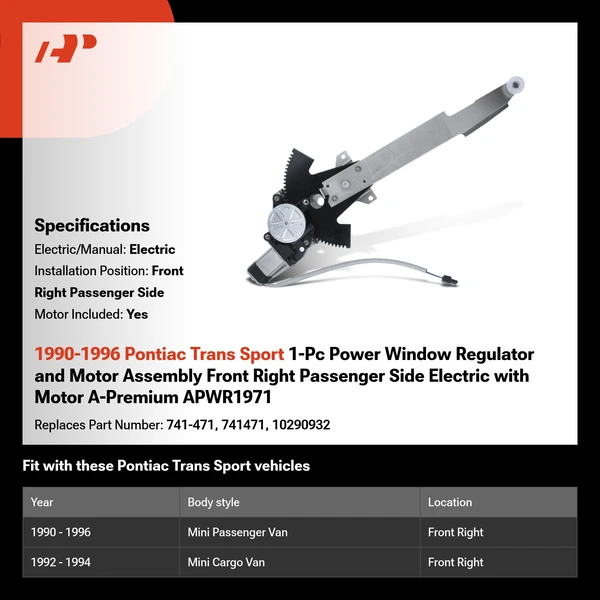1990-1996 Pontiac Trans Sport 1-Pc Power Window Regulator and Motor Assembly Front Right Passenger Side Electric with Motor A-Premium APWR1971
