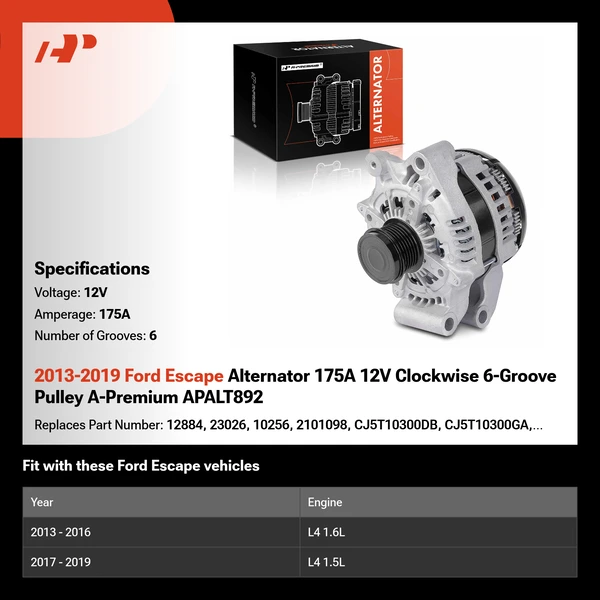 2013-2019 Ford Escape Alternator 175A 12V Clockwise 6-Groove Pulley A-Premium APALT892