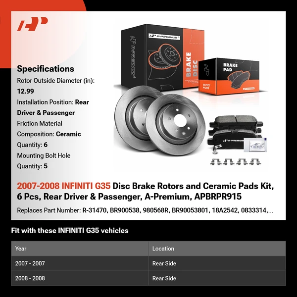 2007-2008 INFINITI G35 Disc Brake Rotors and Ceramic Pads Kit, 6 Pcs, Rear Driver & Passenger, A-Premium, APBRPR915