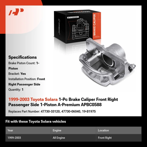 1999-2003 Toyota Solara 1-Pc Brake Caliper Front Right Passenger Side 1-Piston A-Premium APBC0588