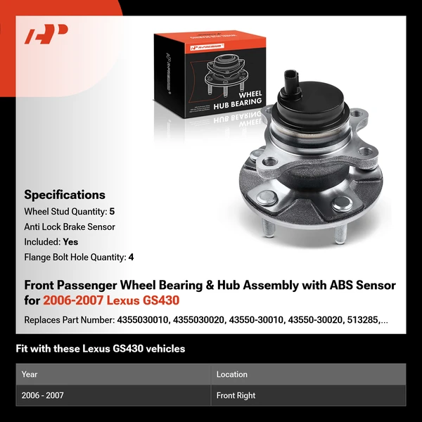 Front Passenger Wheel Bearing & Hub Assembly with ABS Sensor for 2006-2007 Lexus GS430