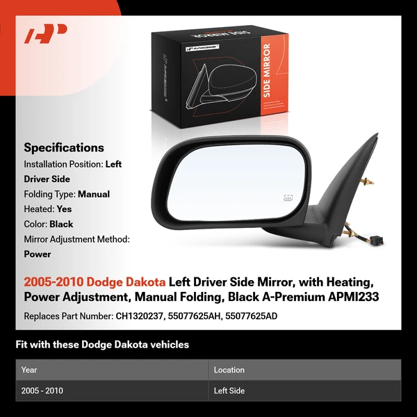2005-2010 Dodge Dakota Left Driver Side Mirror, with Heating, Power Adjustment, Manual Folding, Black A-Premium APMI233