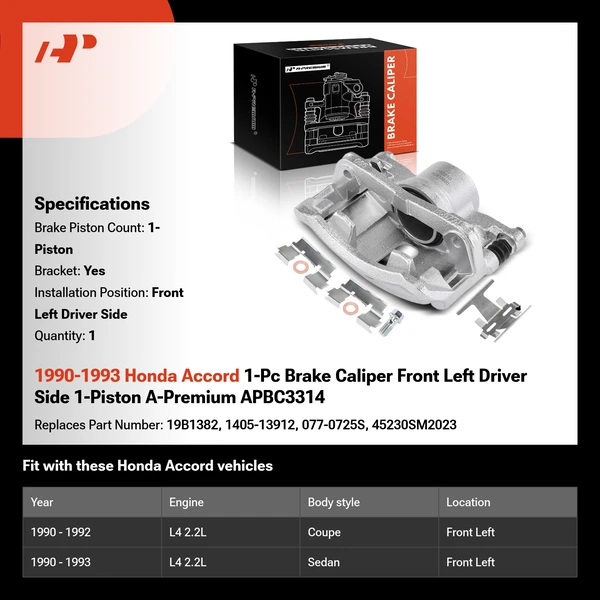 1990-1993 Honda Accord 1-Pc Brake Caliper Front Left Driver Side 1-Piston A-Premium APBC3314