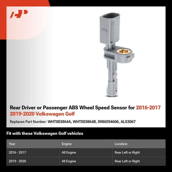 Rear Driver or Passenger ABS Wheel Speed Sensor for 2016-2017 2019-2020 Volkswagen Golf