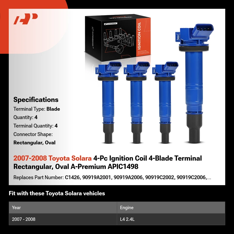2007-2008 Toyota Solara 4-Pc Ignition Coil 4-Blade Terminal Rectangular, Oval A-Premium APIC1498