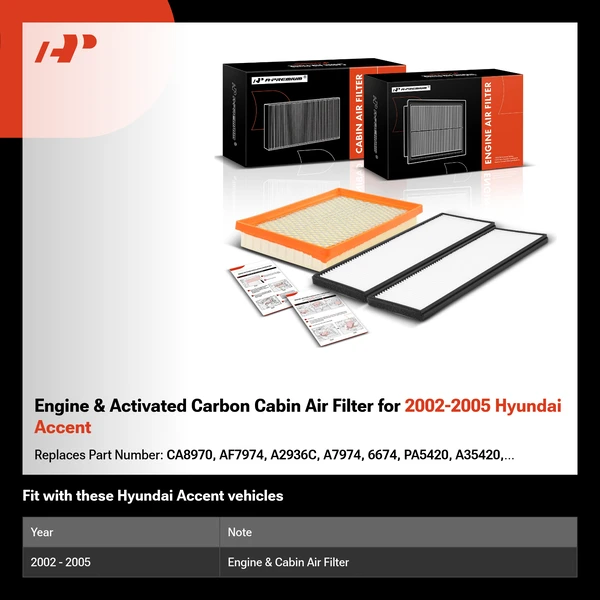 Engine & Activated Carbon Cabin Air Filter for 2002-2005 Hyundai Accent