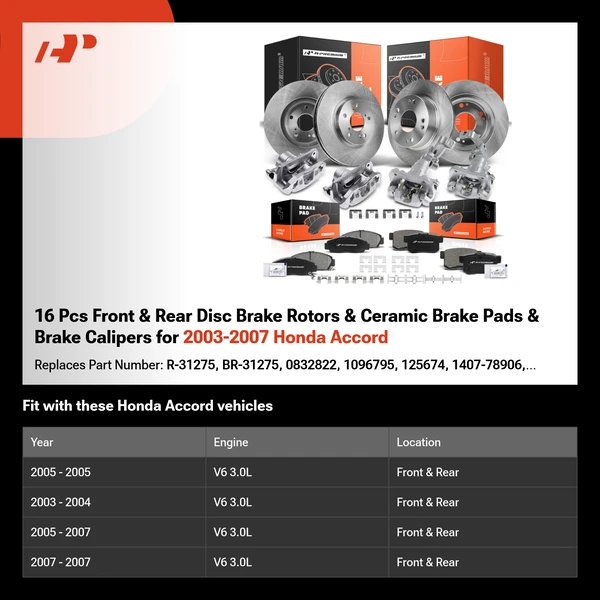 16 Pcs Front & Rear Disc Brake Rotors & Ceramic Brake Pads & Brake Calipers for 2003-2007 Honda Accord