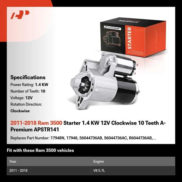 2011-2018 Ram 3500 Starter 1.4 KW 12V Clockwise 10 Teeth A-Premium APSTR141