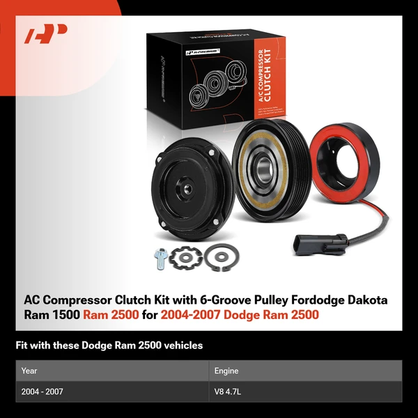 AC Compressor Clutch Kit with 6-Groove Pulley Fordodge Dakota Ram 1500 Ram 2500 for 2004-2007 Dodge Ram 2500