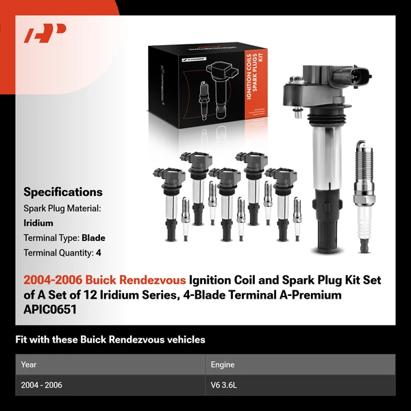 2004-2006 Buick Rendezvous Ignition Coil and Spark Plug Kit Set of A Set of 12 Iridium Series, 4-Blade Terminal A-Premium APIC0651