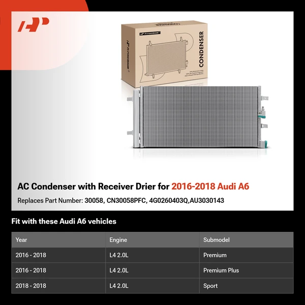AC Condenser with Receiver Drier for 2016-2018 Audi A6