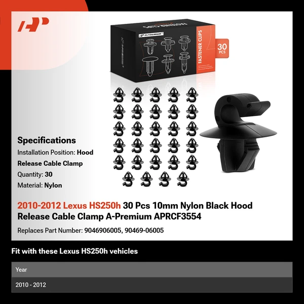 2010-2012 Lexus HS250h 30 Pcs 10mm Nylon Black Hood Release Cable Clamp A-Premium APRCF3554