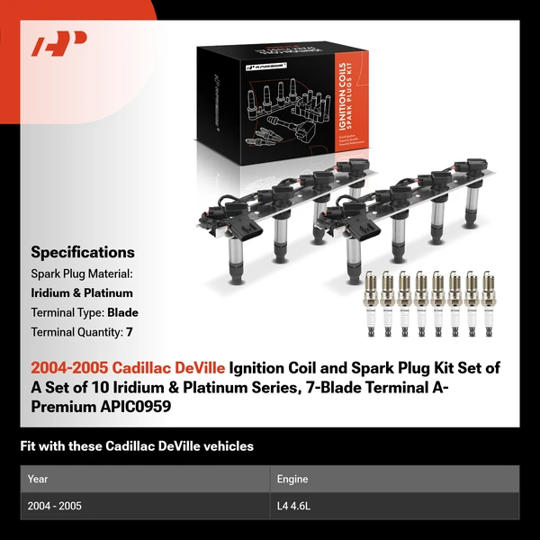 2004-2005 Cadillac DeVille Ignition Coil and Spark Plug Kit Set of A Set of 10 Iridium & Platinum Series, 7-Blade Terminal A-Premium APIC0959