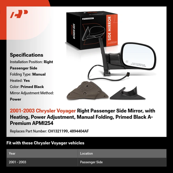 2001-2003 Chrysler Voyager Right Passenger Side Mirror, with Heating, Power Adjustment, Manual Folding, Primed Black A-Premium APMI254