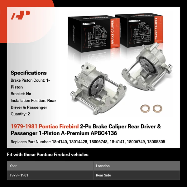 1979-1981 Pontiac Firebird 2-Pc Brake Caliper Rear Driver & Passenger 1-Piston A-Premium APBC4136