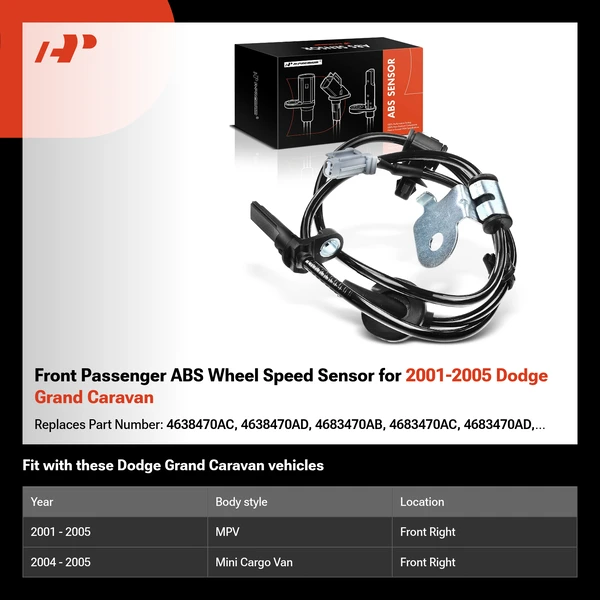 Front Passenger ABS Wheel Speed Sensor for 2001-2005 Dodge Grand Caravan