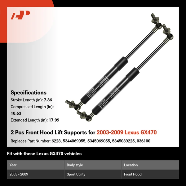 2 Pcs Front Hood Lift Supports for 2003-2009 Lexus GX470