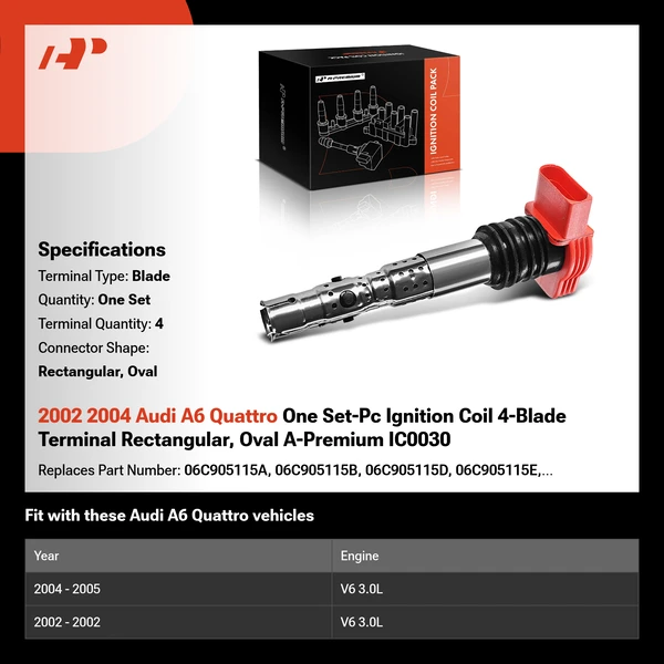 2002 2004 Audi A6 Quattro One Set-Pc Ignition Coil 4-Blade Terminal Rectangular, Oval A-Premium IC0030