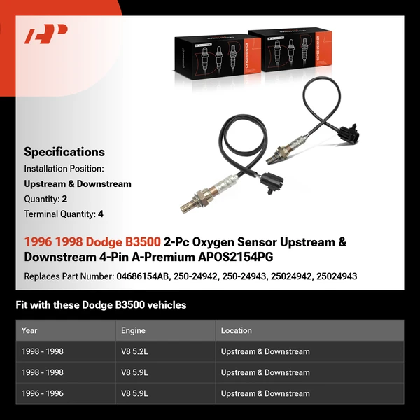 1996 1998 Dodge B3500 2-Pc Oxygen Sensor Upstream & Downstream 4-Pin A-Premium APOS2154PG