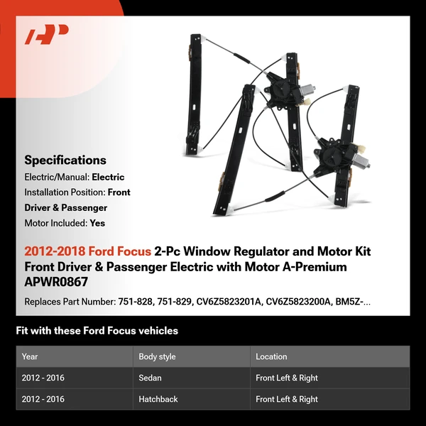 2012-2018 Ford Focus 2-Pc Window Regulator and Motor Kit Front Driver & Passenger Electric with Motor A-Premium APWR0867