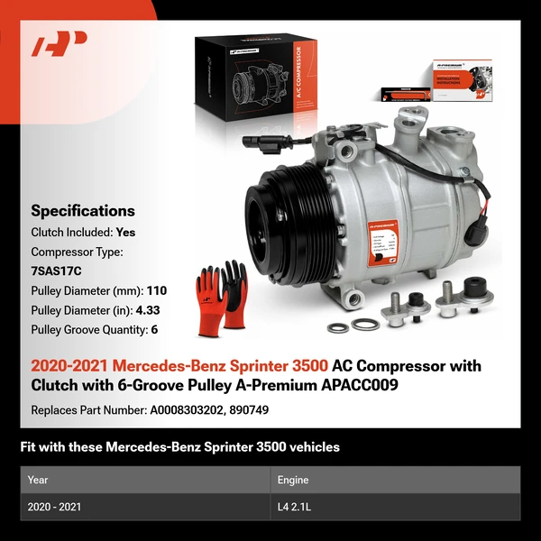 2020-2021 Mercedes-Benz Sprinter 3500 AC Compressor with Clutch with 6-Groove Pulley A-Premium APACC009